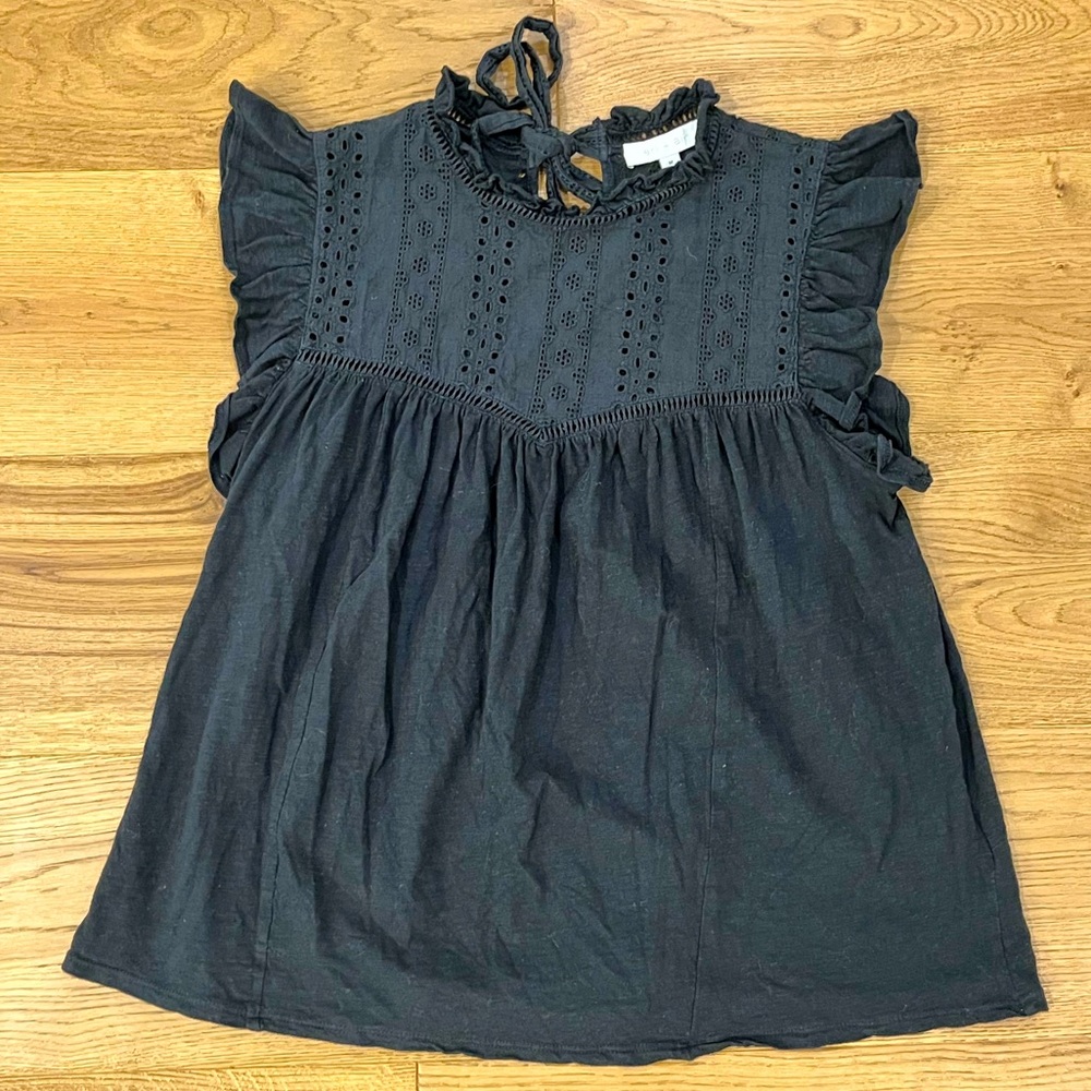 Anthropologie black eyelet cotton ruffle top